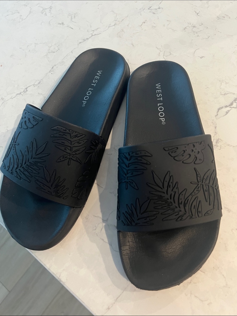 West Loop Black Slide Sandals with Embossed Leaf Strap